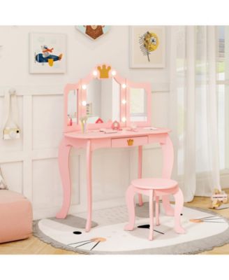Kids Vanity Set with Tri-Fold Lighted Mirror, Detachable Top, and Stool Fun Dressing Table for Kids