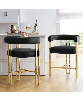 Modern Black Faux Leather Bar Stools Set of 2–Gold Metal Frame, Counter Height Chairs with Backrest-Maison Boucle