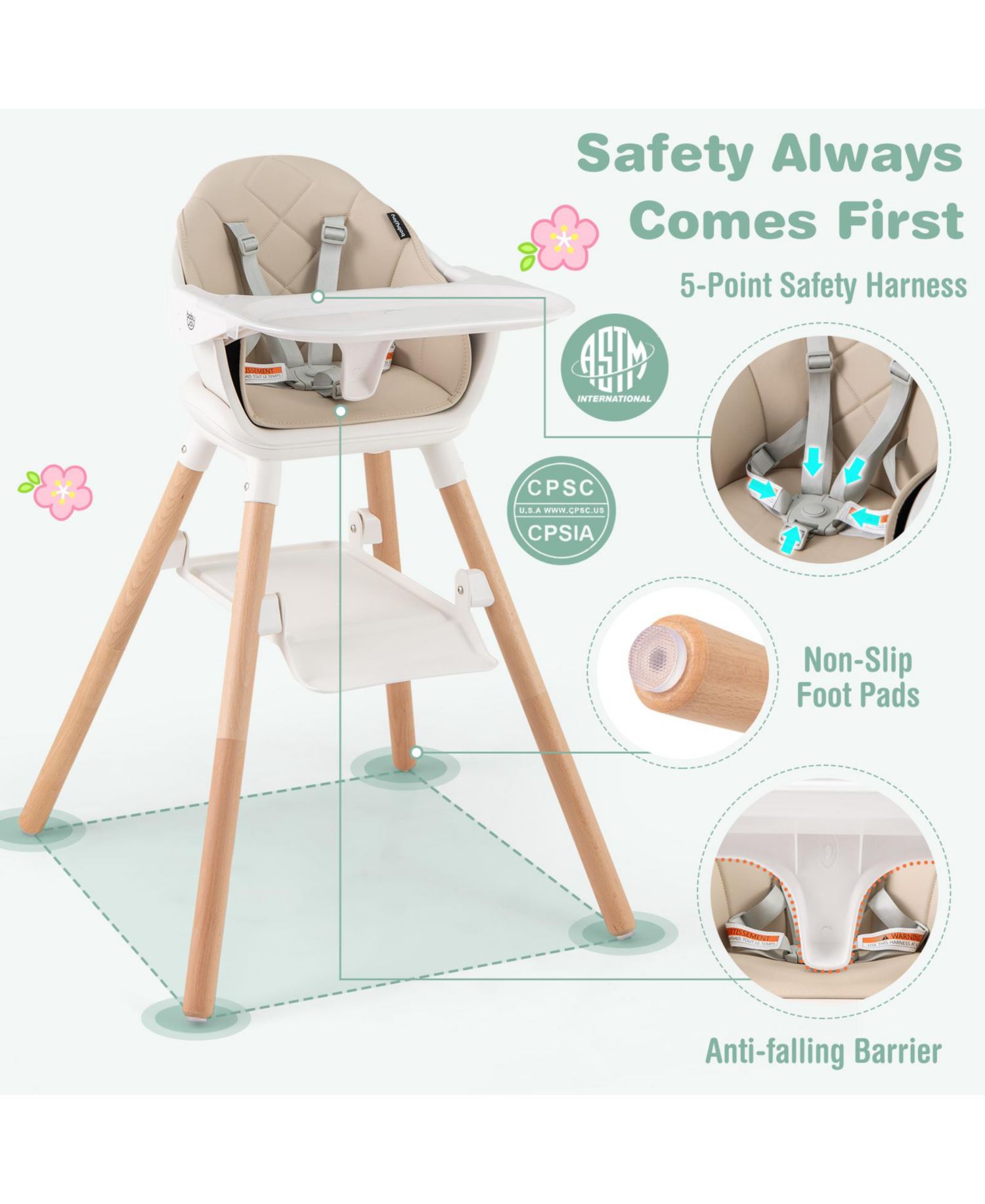 6-in-1 Baby High Chair with Removable Tray, Safety Harness and Convertible Design