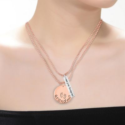 White Gold Plated & 18k Rose Gold Plated Dual Chain Grandma and Bar Pendant Necklace