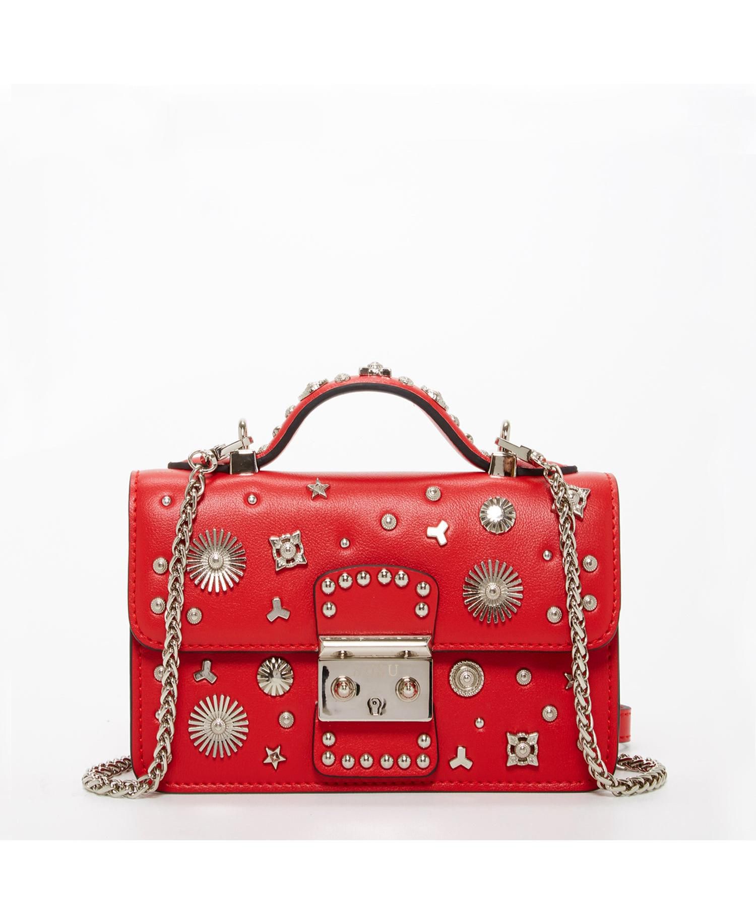 Studded Small Leather Crossbody Bag Red Purse Women's Handbag with Top Handle