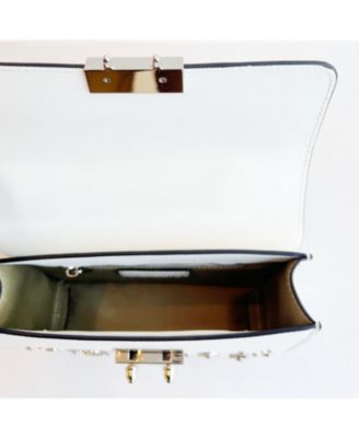 White Leather Crossbody Bag Small Structured Women s Handbag with Top Handle and Embelishments