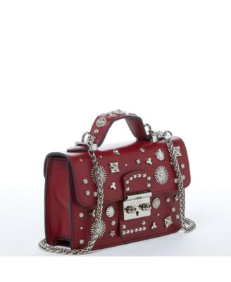 Burgundy Studded Leather Crossbody Bag Small Designer Purse with Top Handle and Embellishments for Women