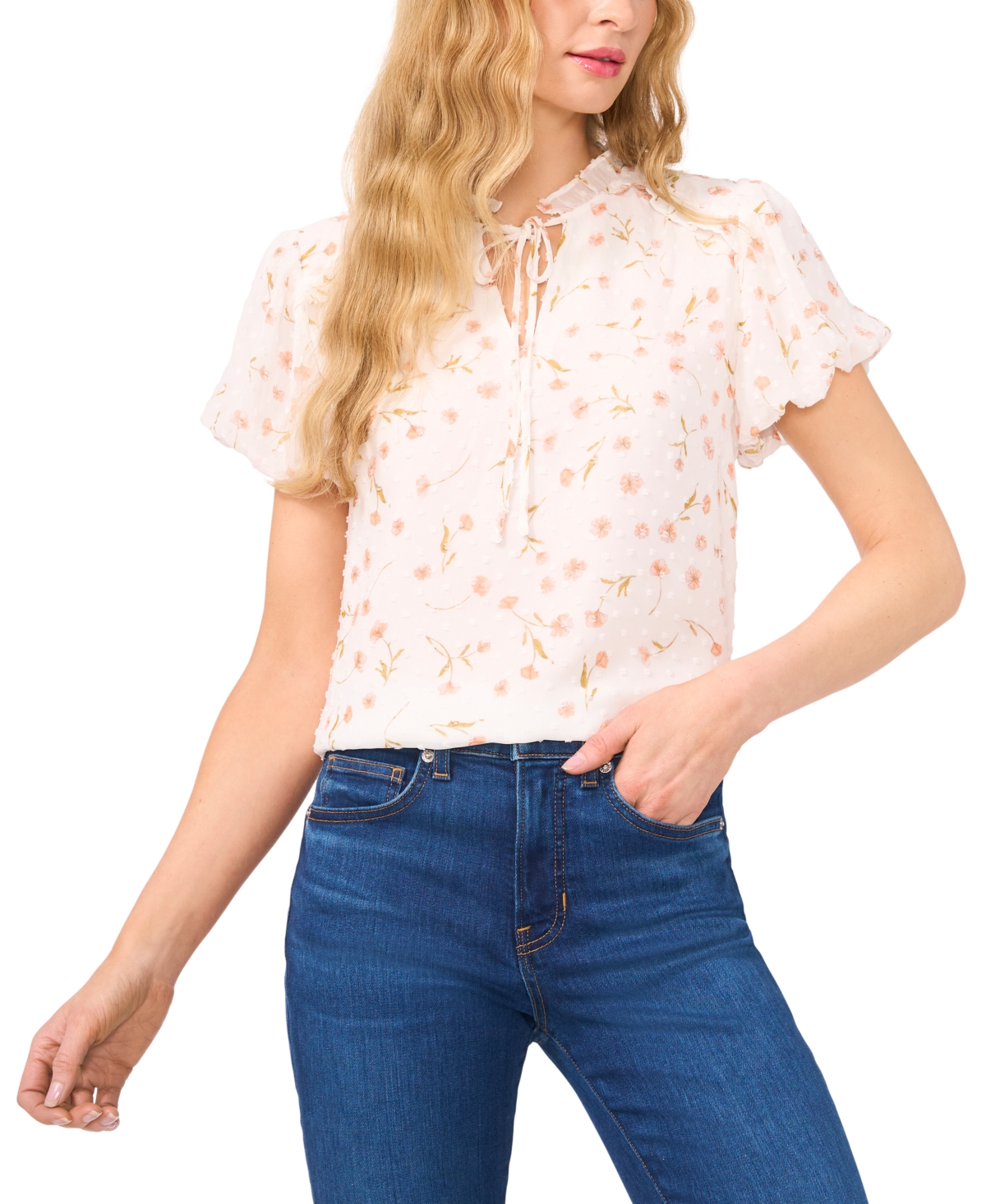 Cece Floral Bubble Sleeve Clip Dot Top In New Ivory