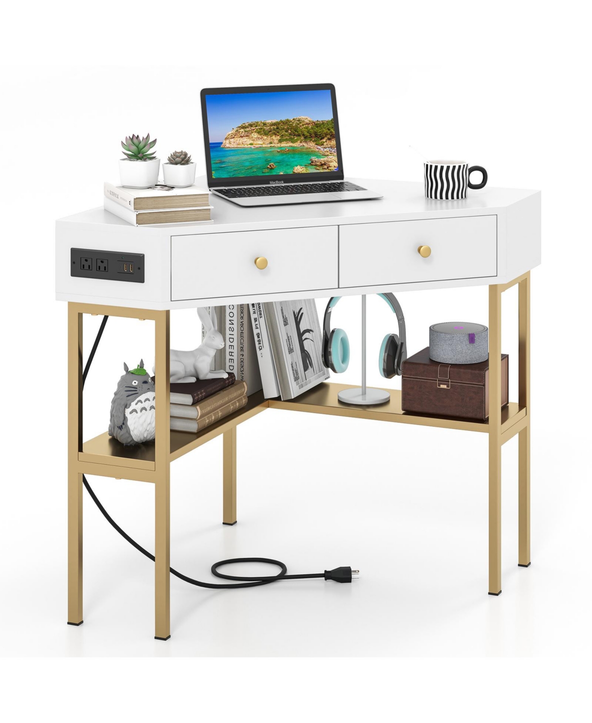 Mobile Standing Desk Height-Adjustable Laptop Cart with Split Top and Hanging Hooks