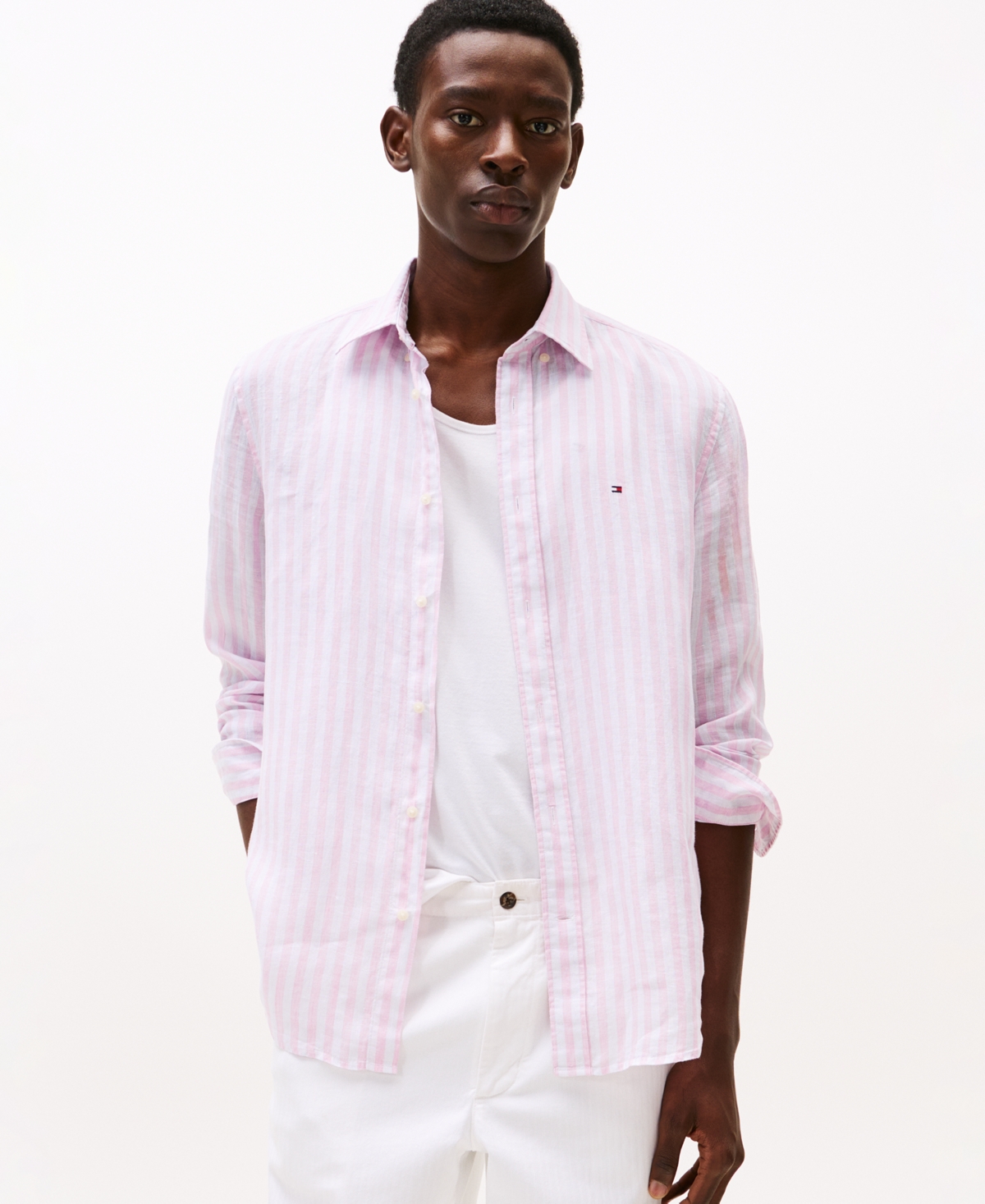 Tommy Hilfiger Regular Fit Stripe Linen Shirt In Classic Pink,stripe
