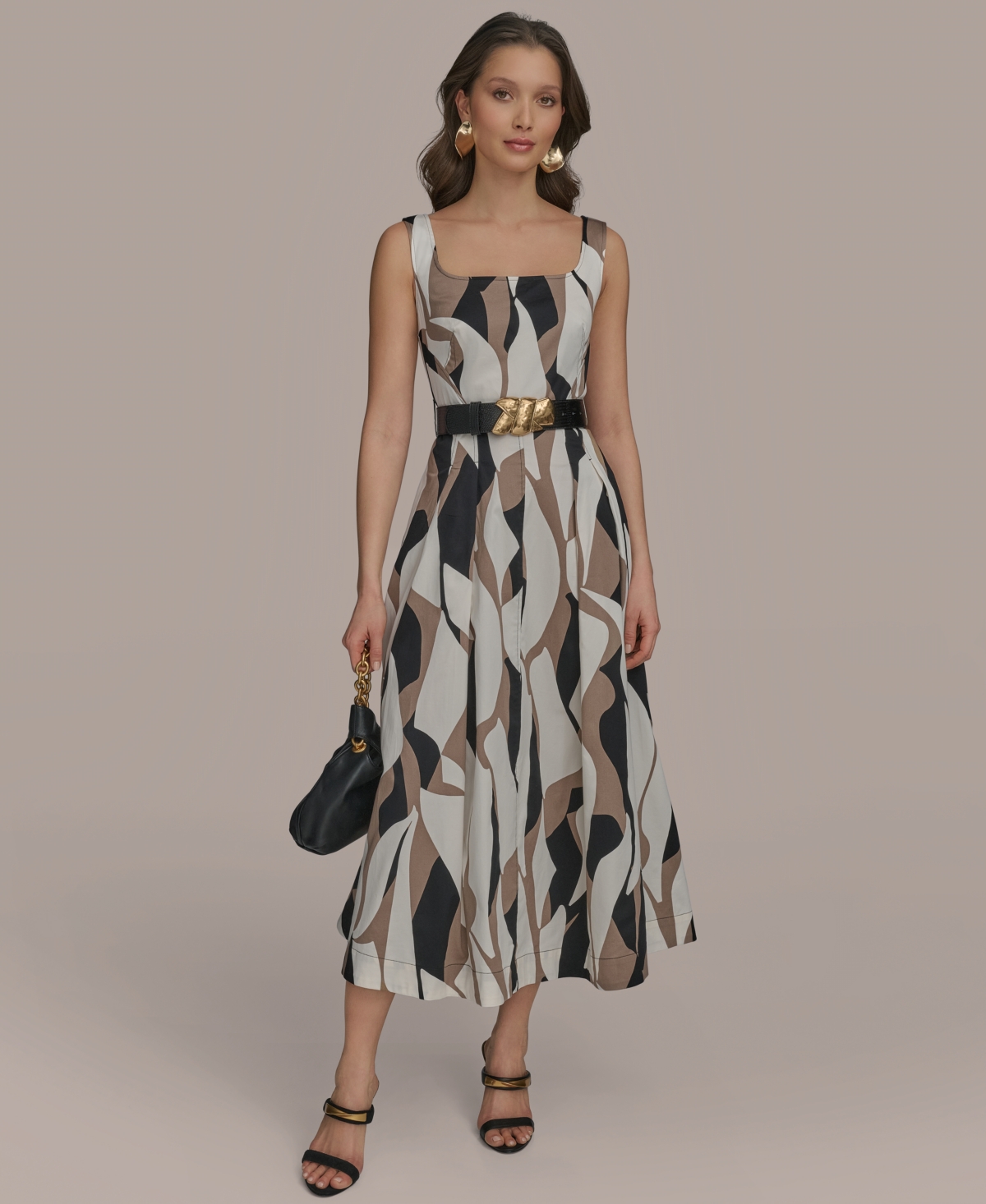 Shop Donna Karan Women's Abstract-print Square-neck Midi Dress In Black Multi