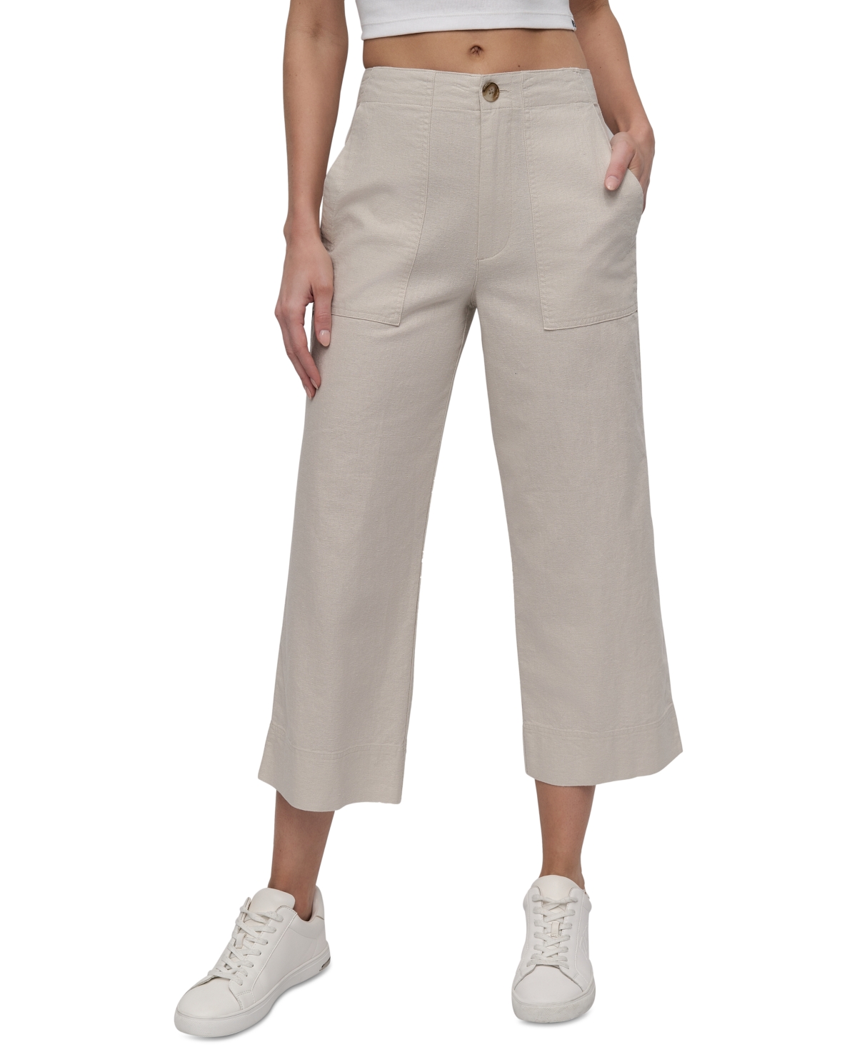 Shop Dkny Jeans Women's Cropped Wide-leg Linen Pants In D5k - Lt City Khaki