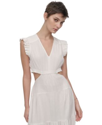 Women's Linen-Blend Tiered V-Neck Cutout Dress