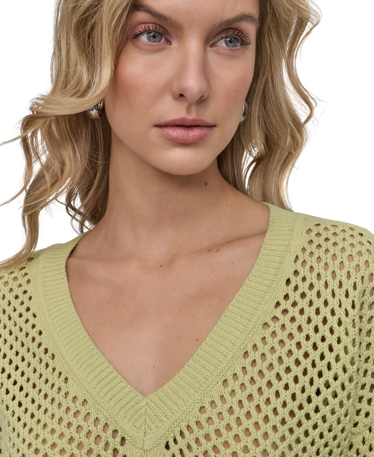 DKNY JEANS WOMEN'S COTTON OPEN-KNIT V-NECK SWEATER 