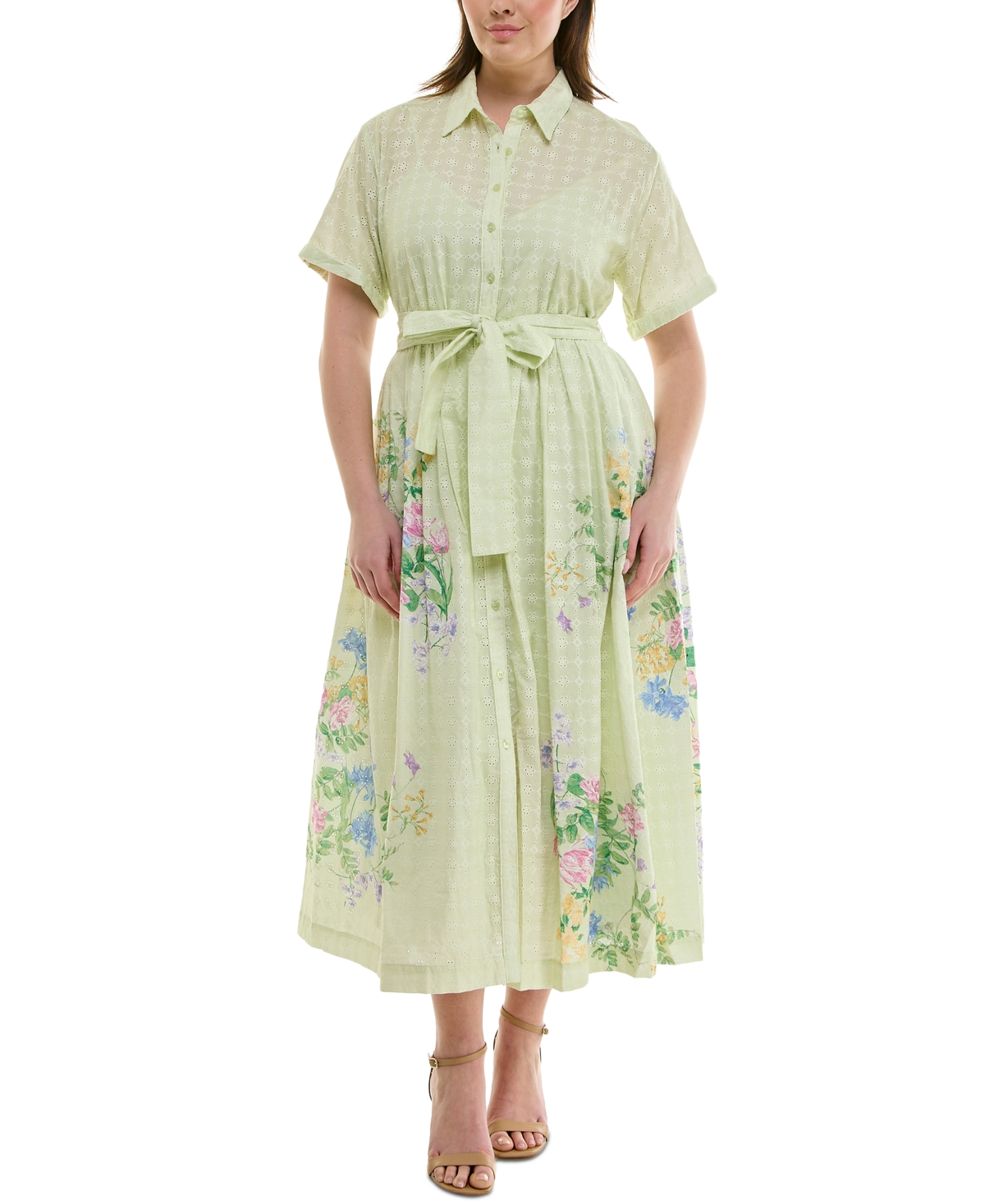 Plus Size Cotton Eyelet Floral-Print Shirtdress - Pistachio Pea Green