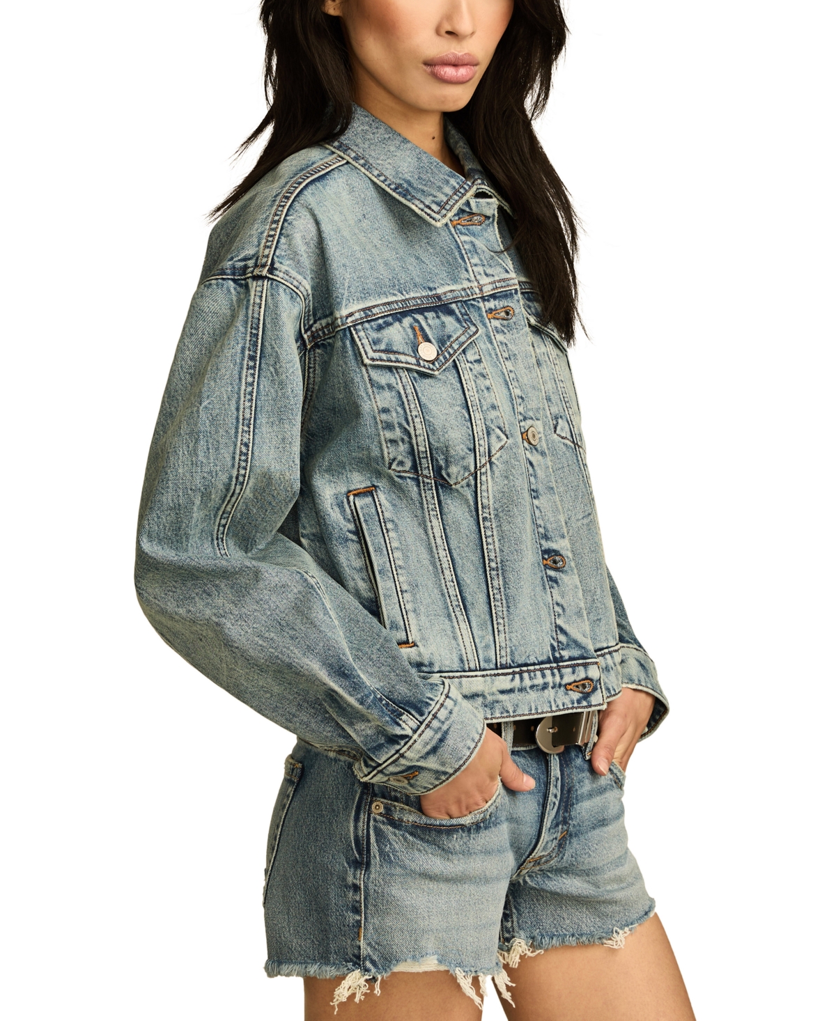 Shop Lucky Brand Women's Barrel-sleeve Trucker Jacket In Electric Guitar Wash