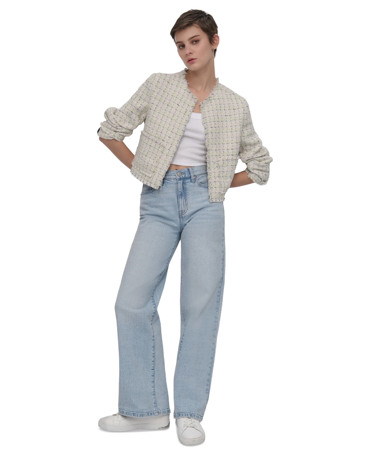 Shop Dkny Jeans Women's Frayed Cropped Long-sleeve Jacket In Kzk - Tea Grn Plaid
