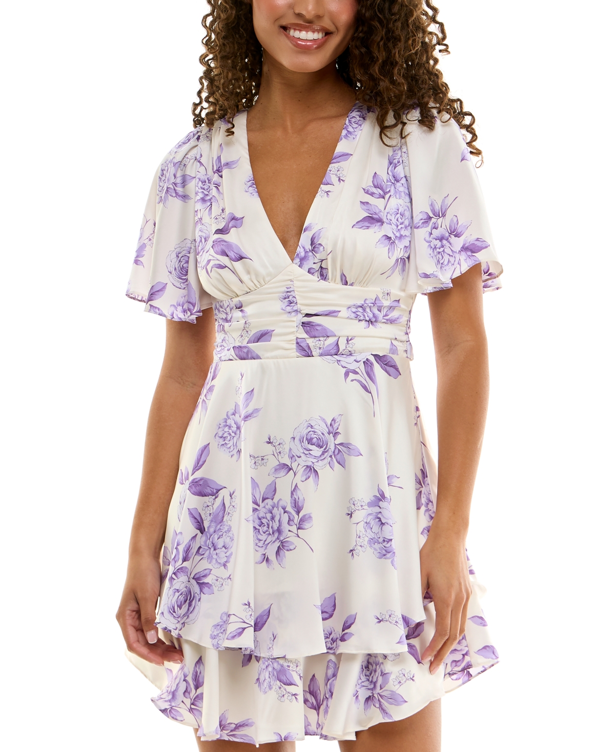 Juniors' Flutter-Sleeve Fit & Flare Dress - Cream/Lavender