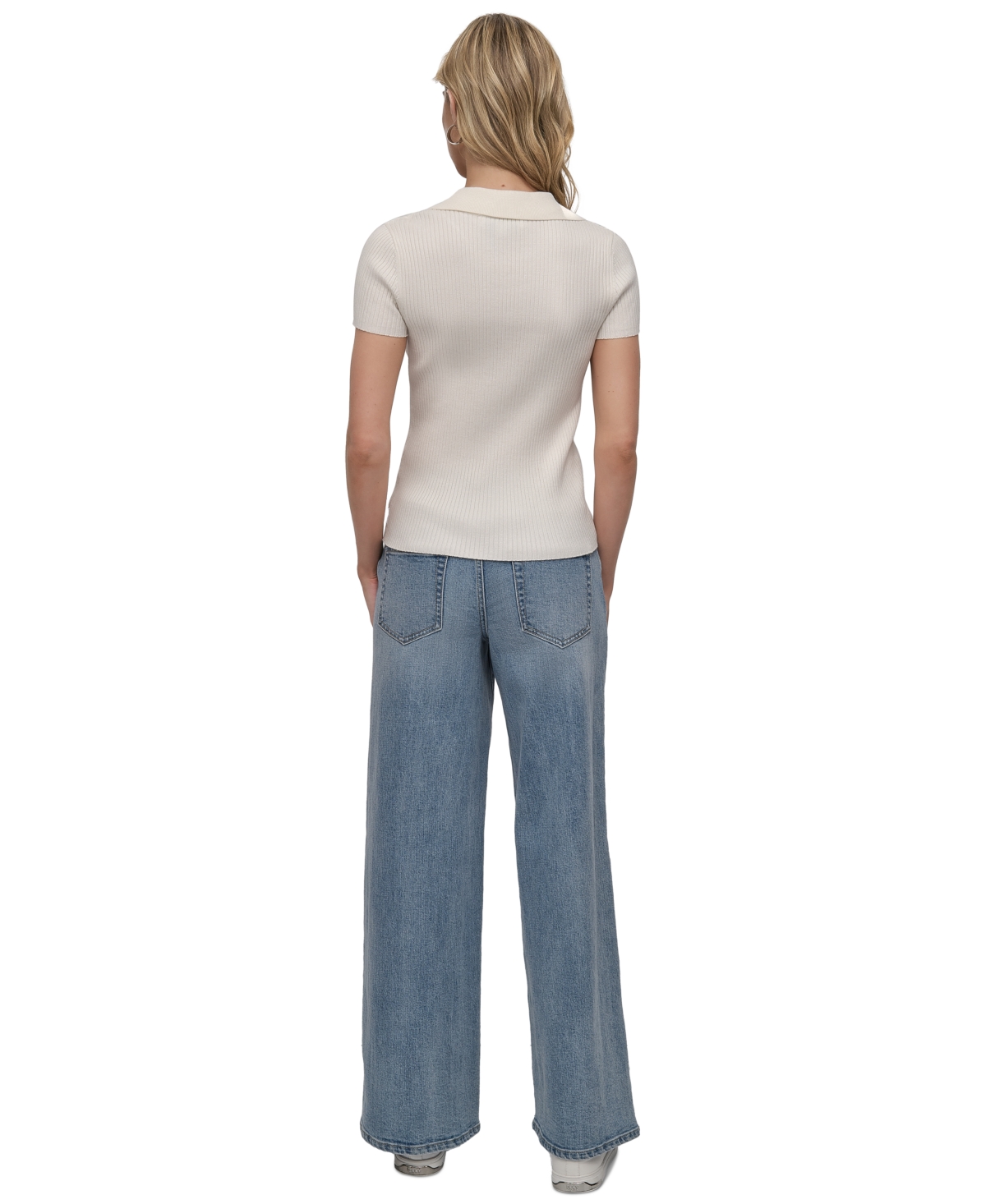 DKNY JEANS WOMENS RIBBED V-NECK POLO SWEATER 
