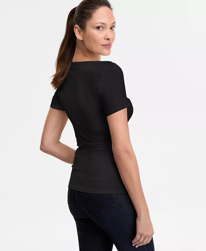 Women's Short Sleeve Asymmetric-Neck Top - thumbnail 5