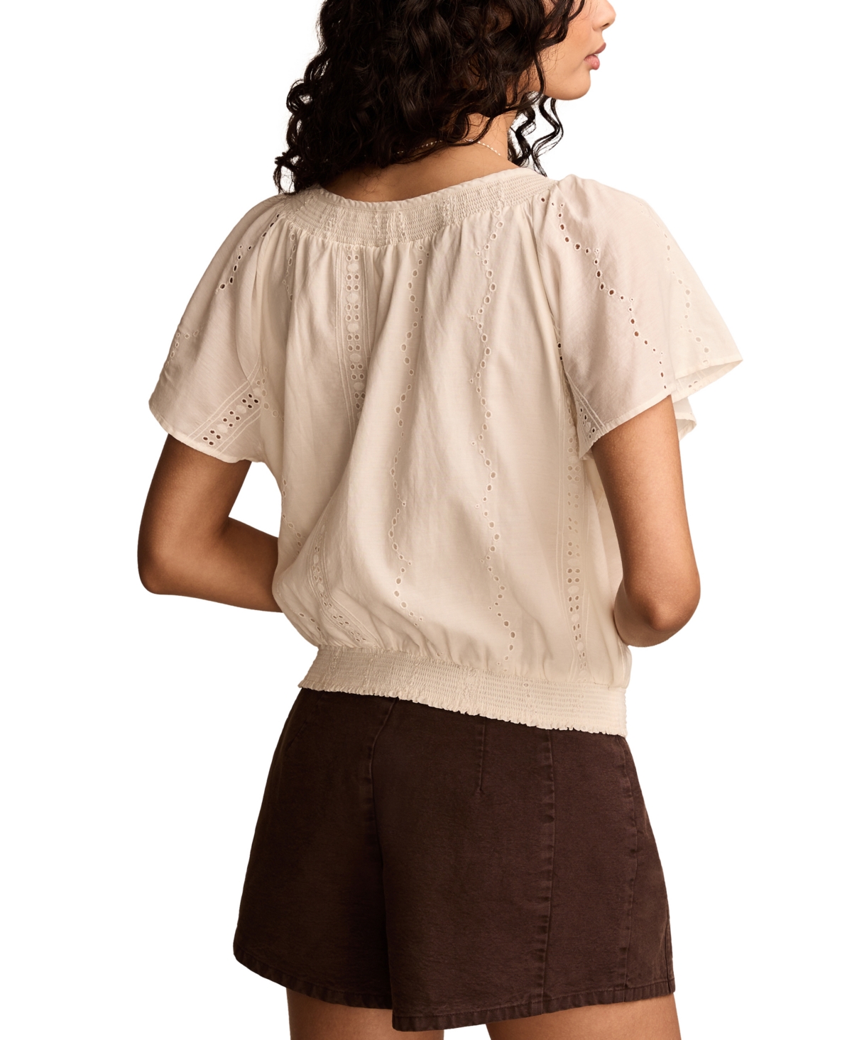 Shop Lucky Brand Women's Solid Smocked Hem Blouse In Tofu