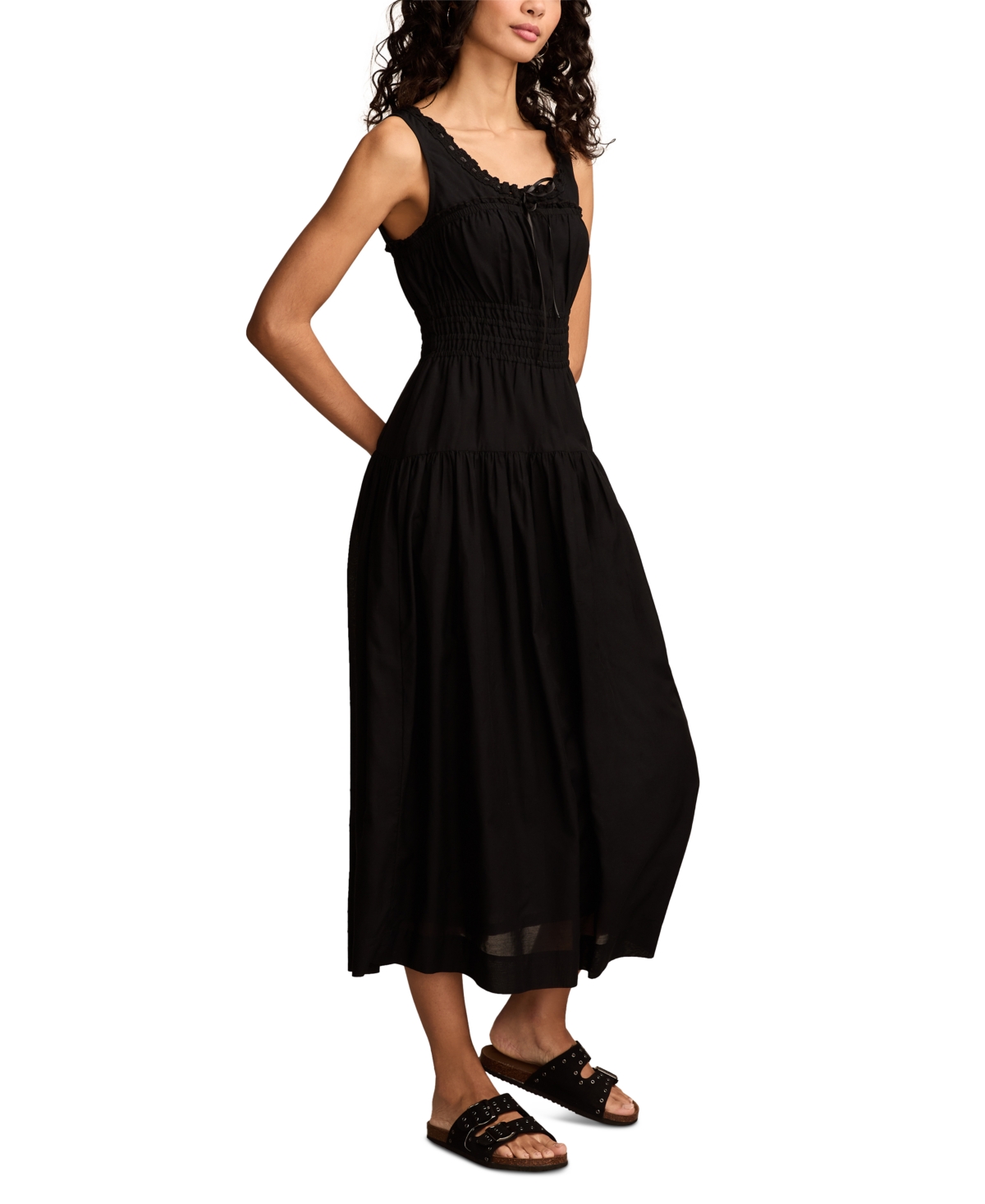 Shop Lucky Brand Women's Lace-trimmed Smocked Midi Dress In Caviar