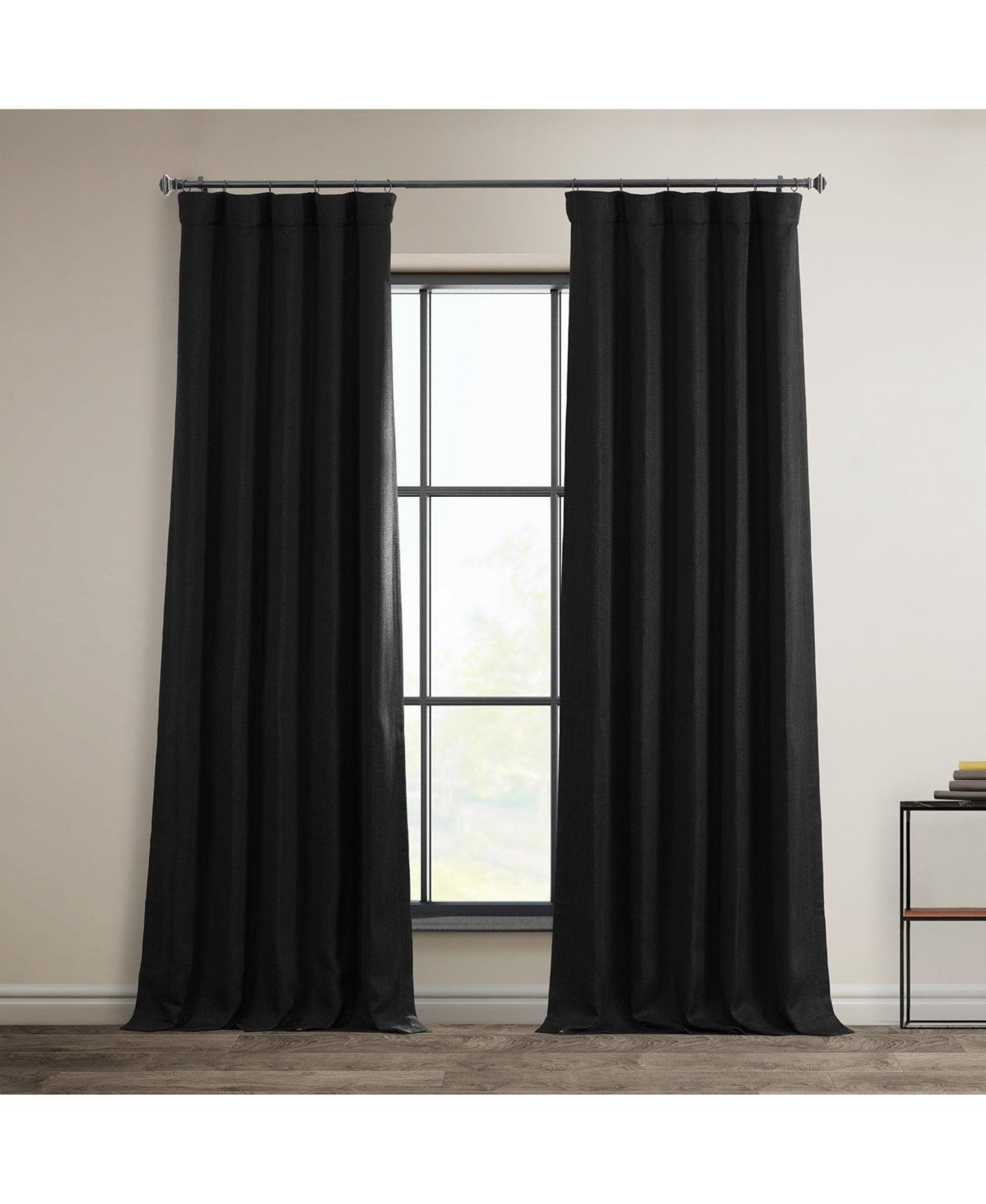Essential Black Textured Faux Linen Room Darkening Curtain - Black