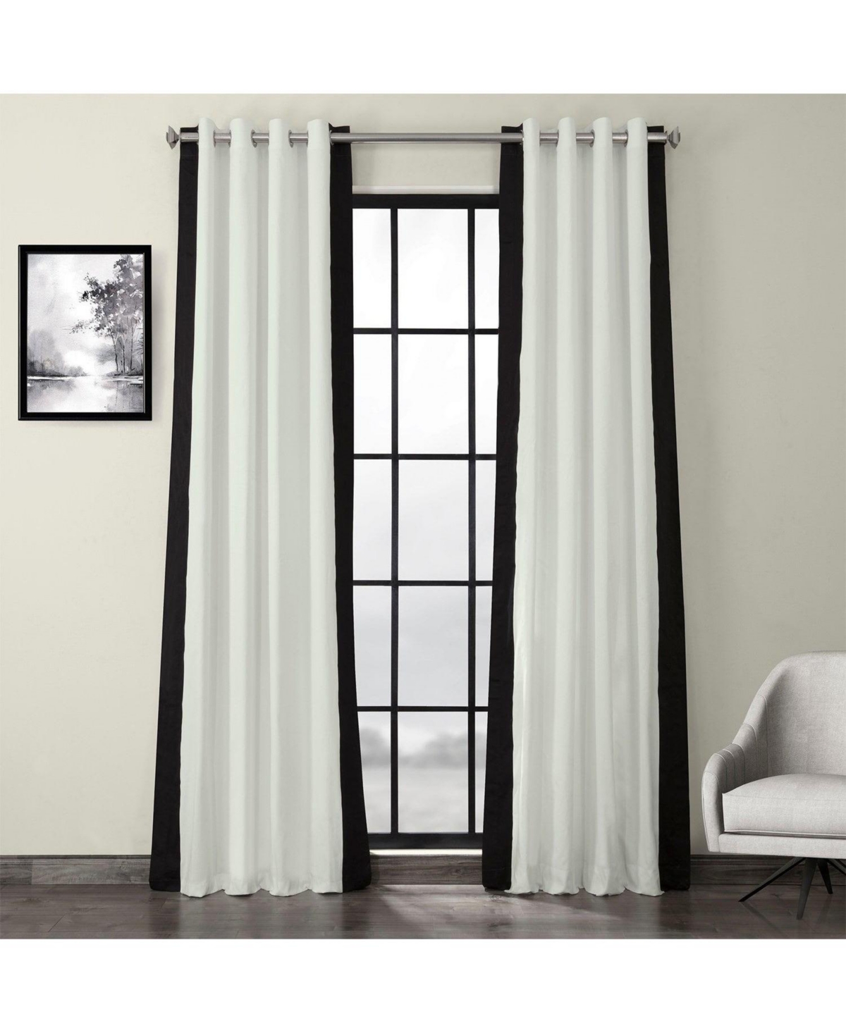 Fresh Popcorn & Black Bordered Grommet Vertical Printed Cotton Curtain - White