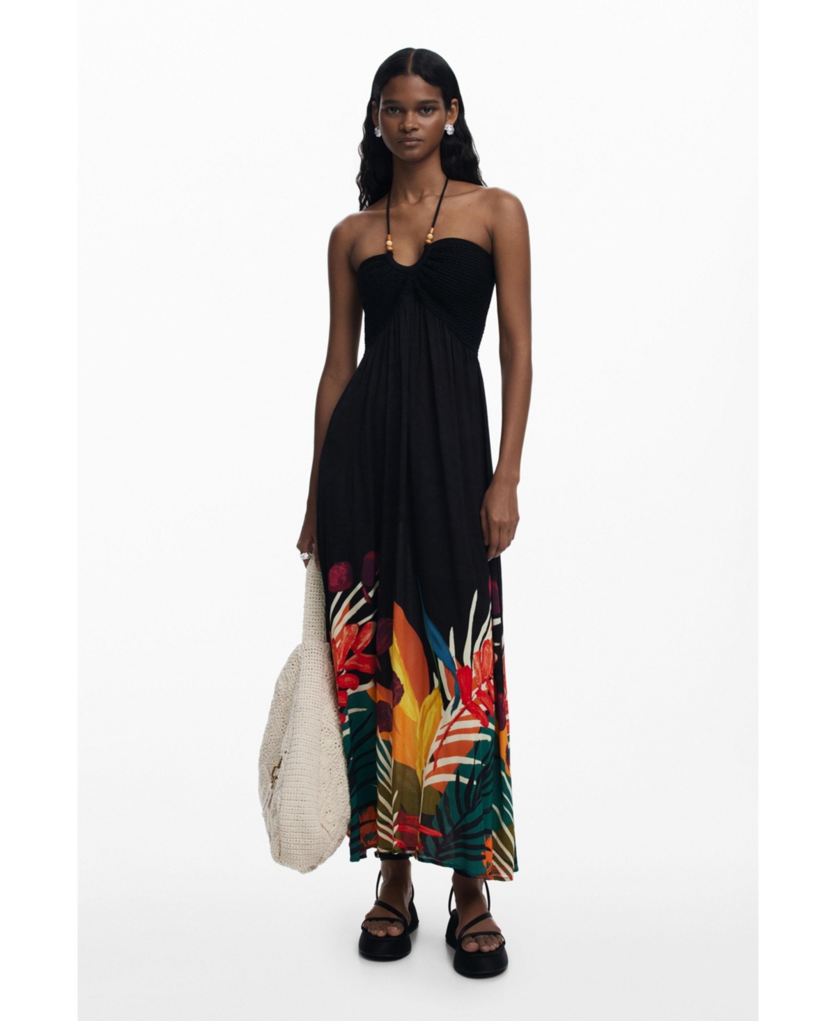 Desigual Beaded Mixed Media Maxi Cover-up Sundress In Black