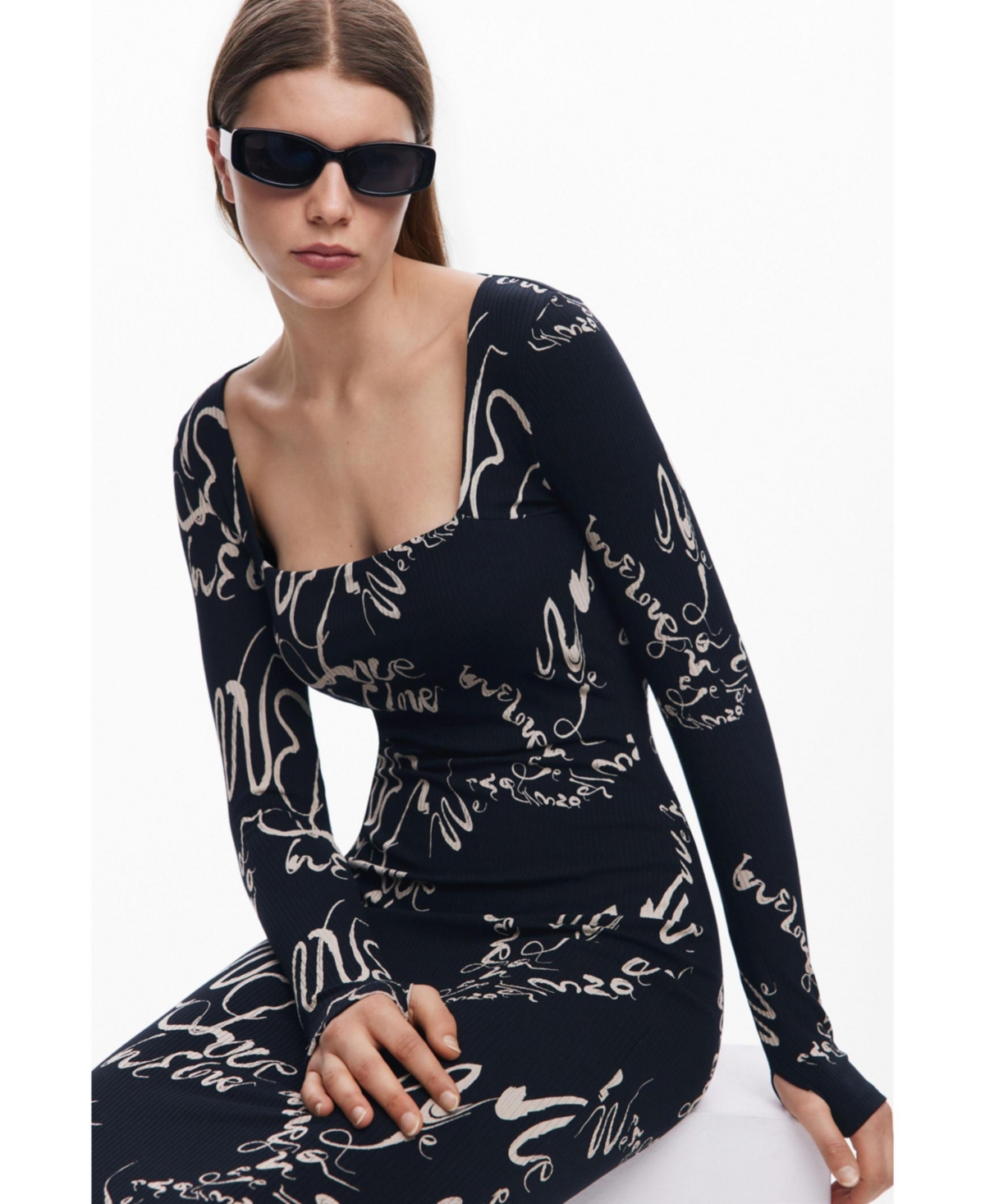 Desigual Love Print Long Sleeve Body-con Midi Dress In Black