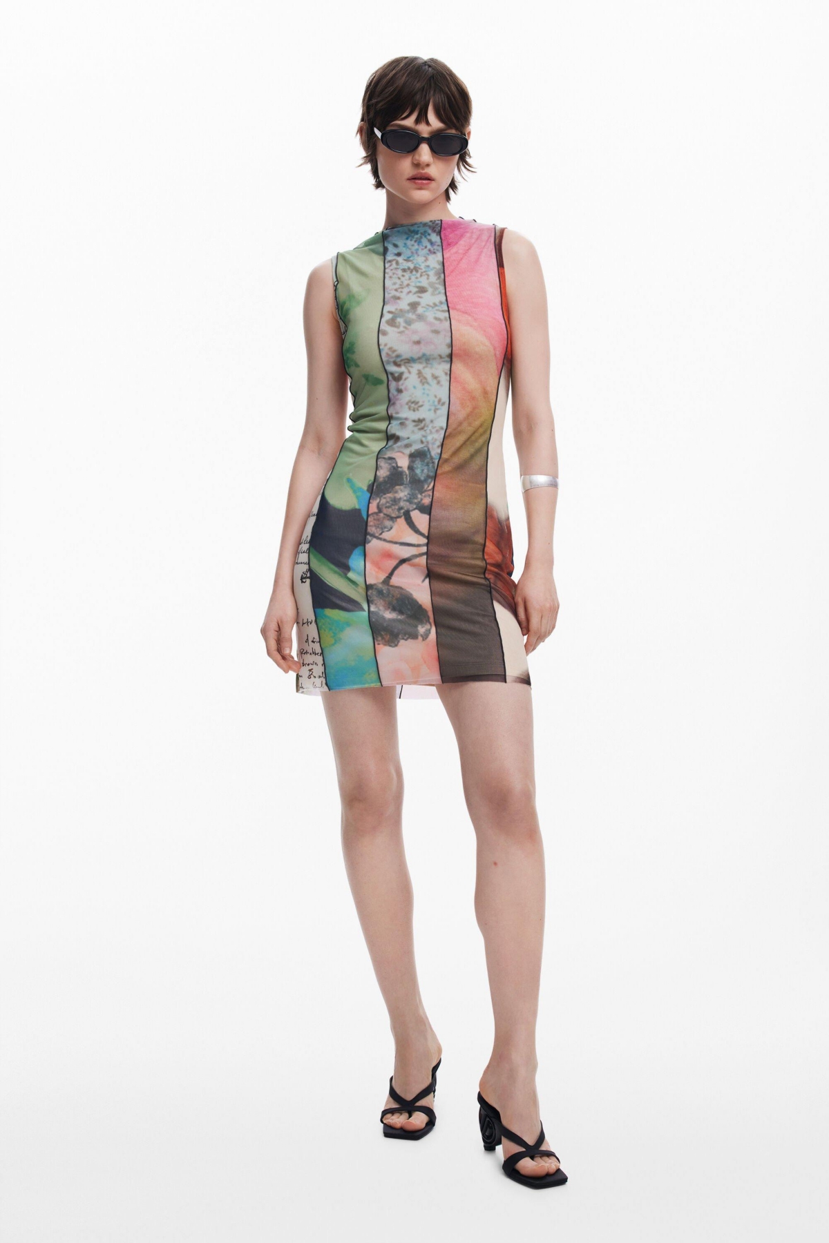Desigual Mixed Print Mesh Minidress In Bluish Green