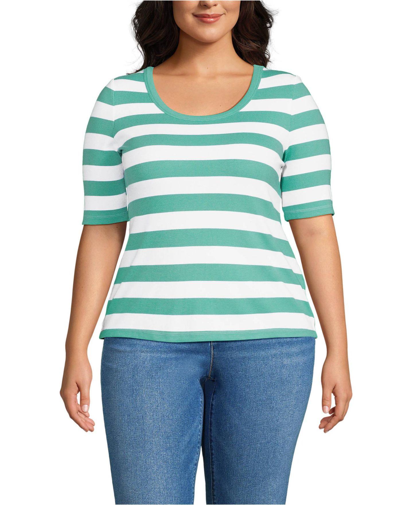 Женская футболка Lands' End Plus Size Drapey Rib Fitted Elbow Sleeve Scoop Neck, цвет: Зелёный полосатый — фото 1