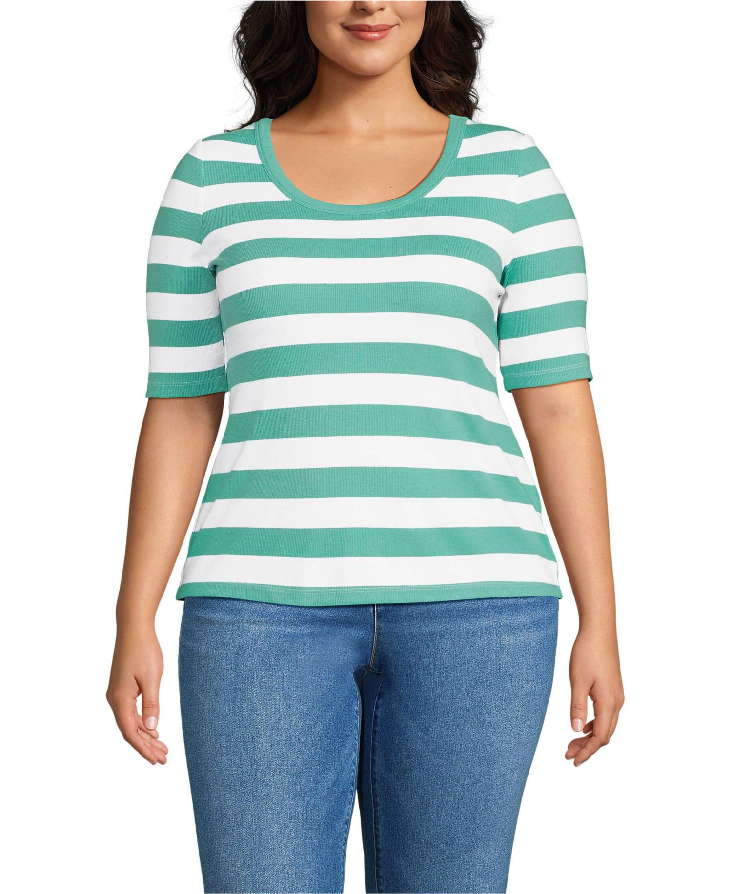 Plus Size Drapey Rib Fitted Elbow Sleeve Scoop Neck Tee