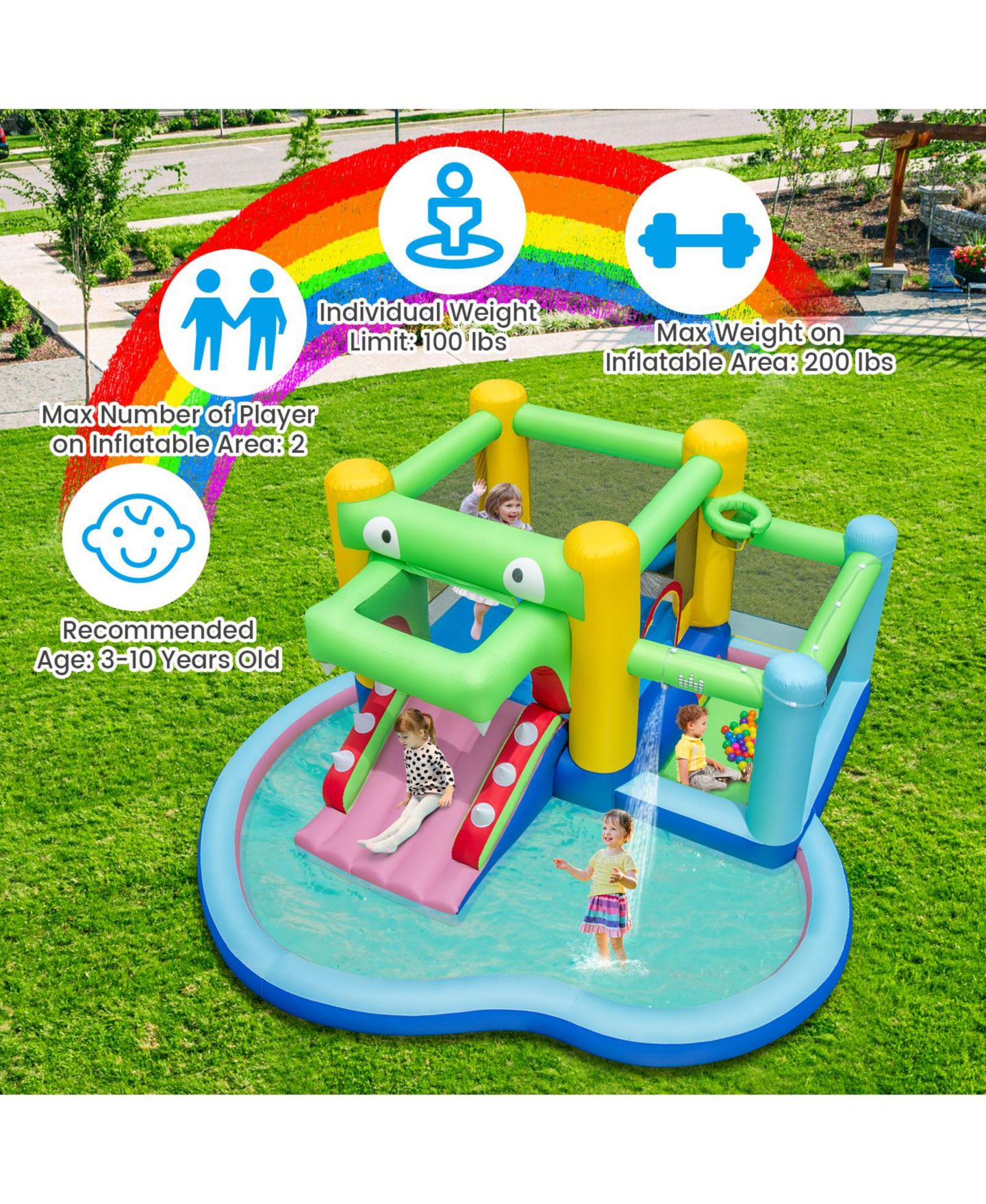 Детская игрушка Slickblue Inflatable Water Slide and Splash Pool Bounce House, Up to 2 Players, от 3 лет, цвет: Разноцветный — фото 6