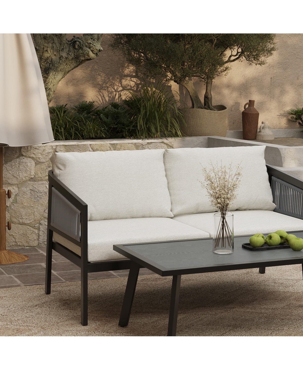 Luxenhome Outdoor Black Steel With Pe Rattan Loveseat With Cushions And Coffee Table Set In Black,gray