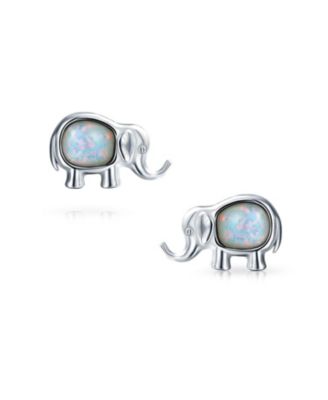 Lucky Dainty Created White Blue Opal Zoo Animal Lover Good Luck Elephant Dangle Stud Earrings .925 Sterling Silver Lever Back