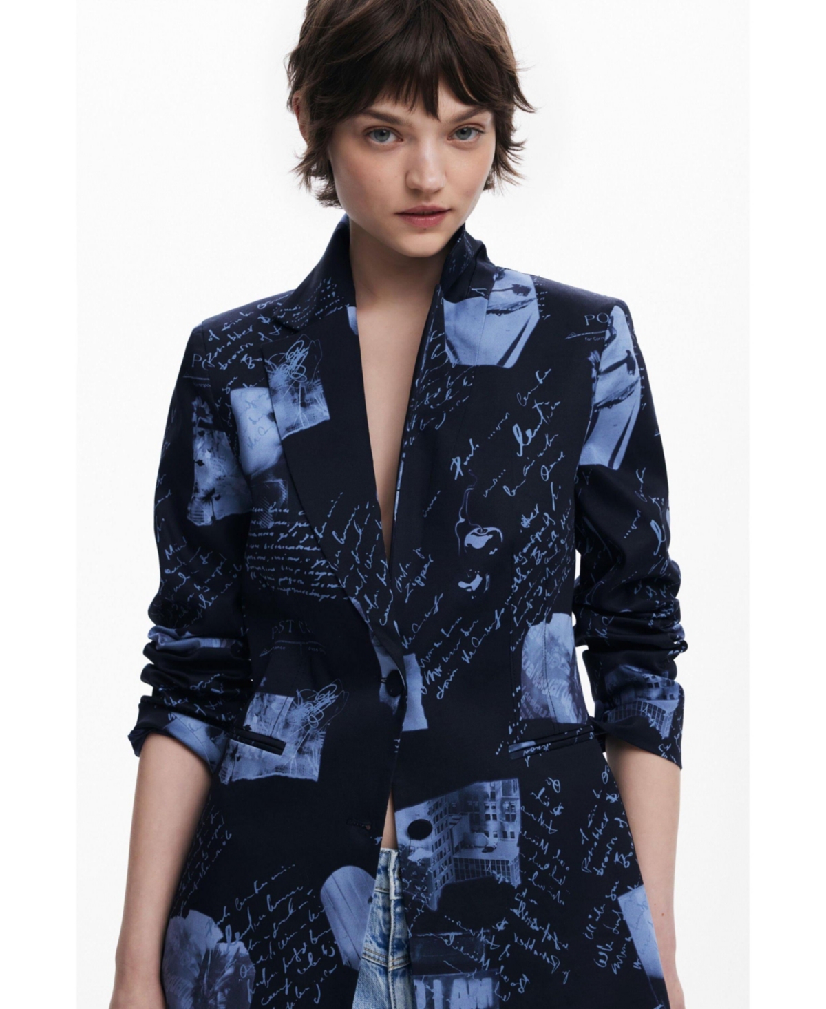 Desigual Collage Print Blazer In Dark Blue