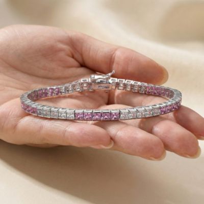 Sterling Silver with Colored Cubic Zirconia Tennis Bracelet in White Gold Plated or 14K Gold Plated