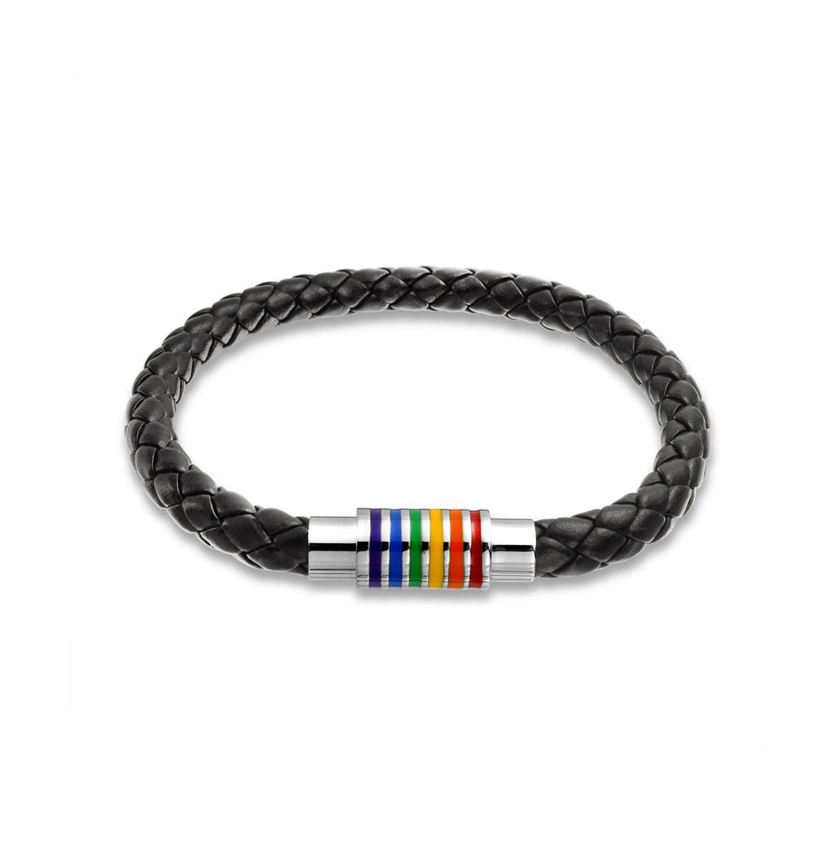 Striped Rainbow Flag Black Braided Leather Lgbtq Bracelet with Stainless Clasp - Black