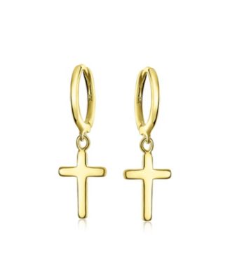 Small Religious Cross Dangle Earrings Rose Gold Plated Sterling Silver Huggie