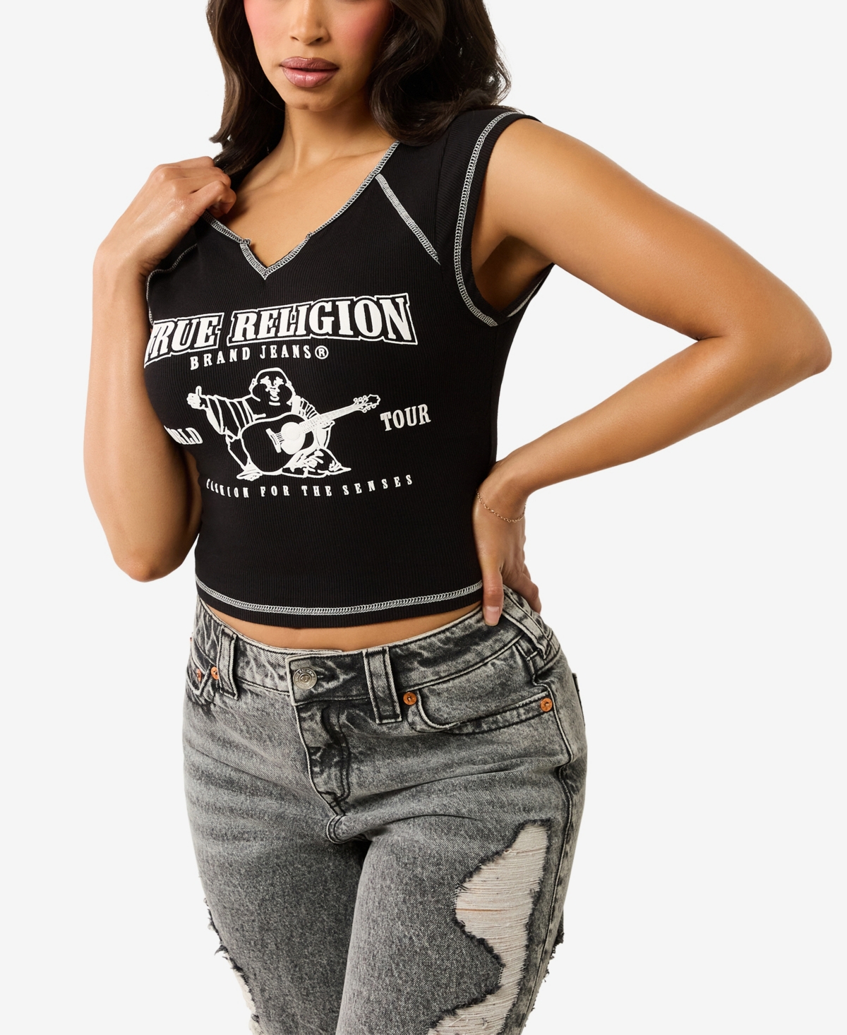 TRUE RELIGION WOMEN'S LOGO RIB NOTCHED BABY T-SHIRT 