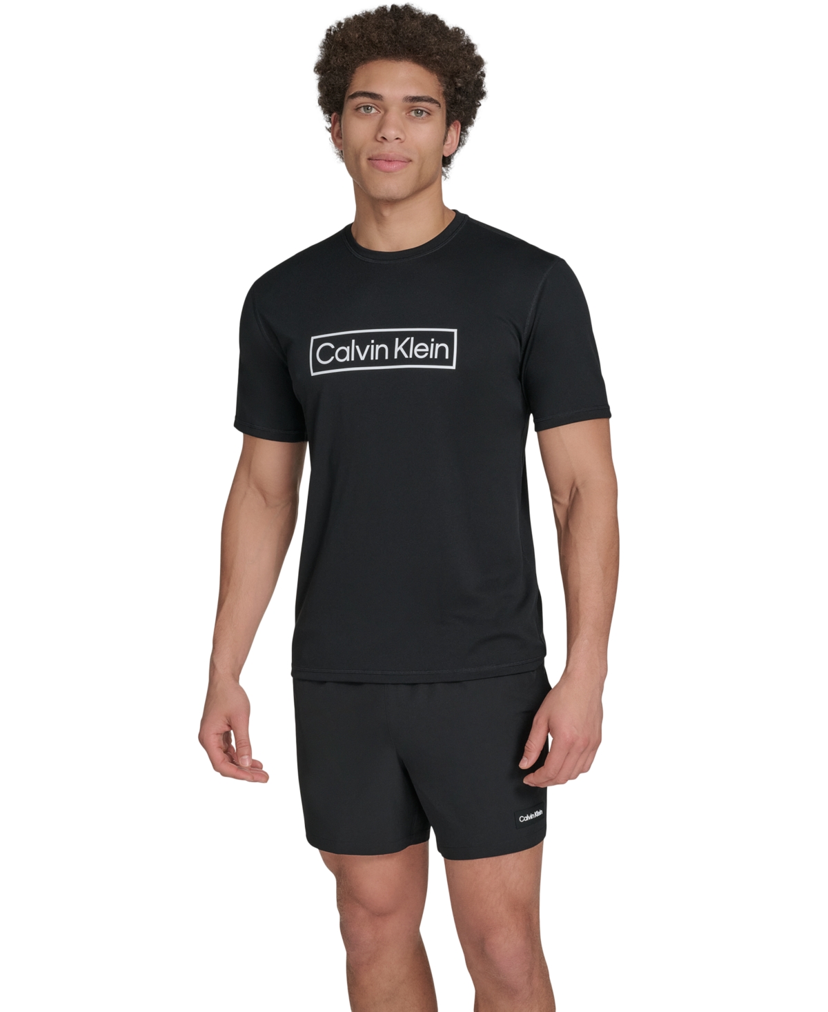 Shop Calvin Klein Men's Logo Short-sleeve Swim Rash Guard In Black
