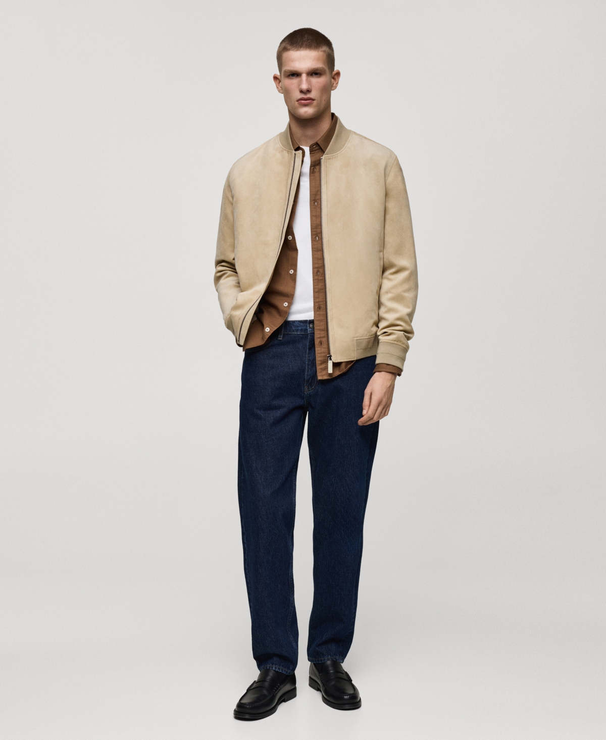 Men's Faux-Suede Bomber Jacket - Ecru