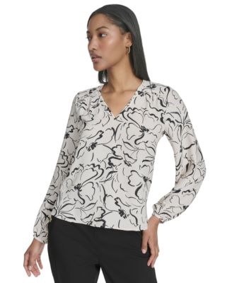 Halston - Women's Printed Front-Yoke V-Neck Blouse