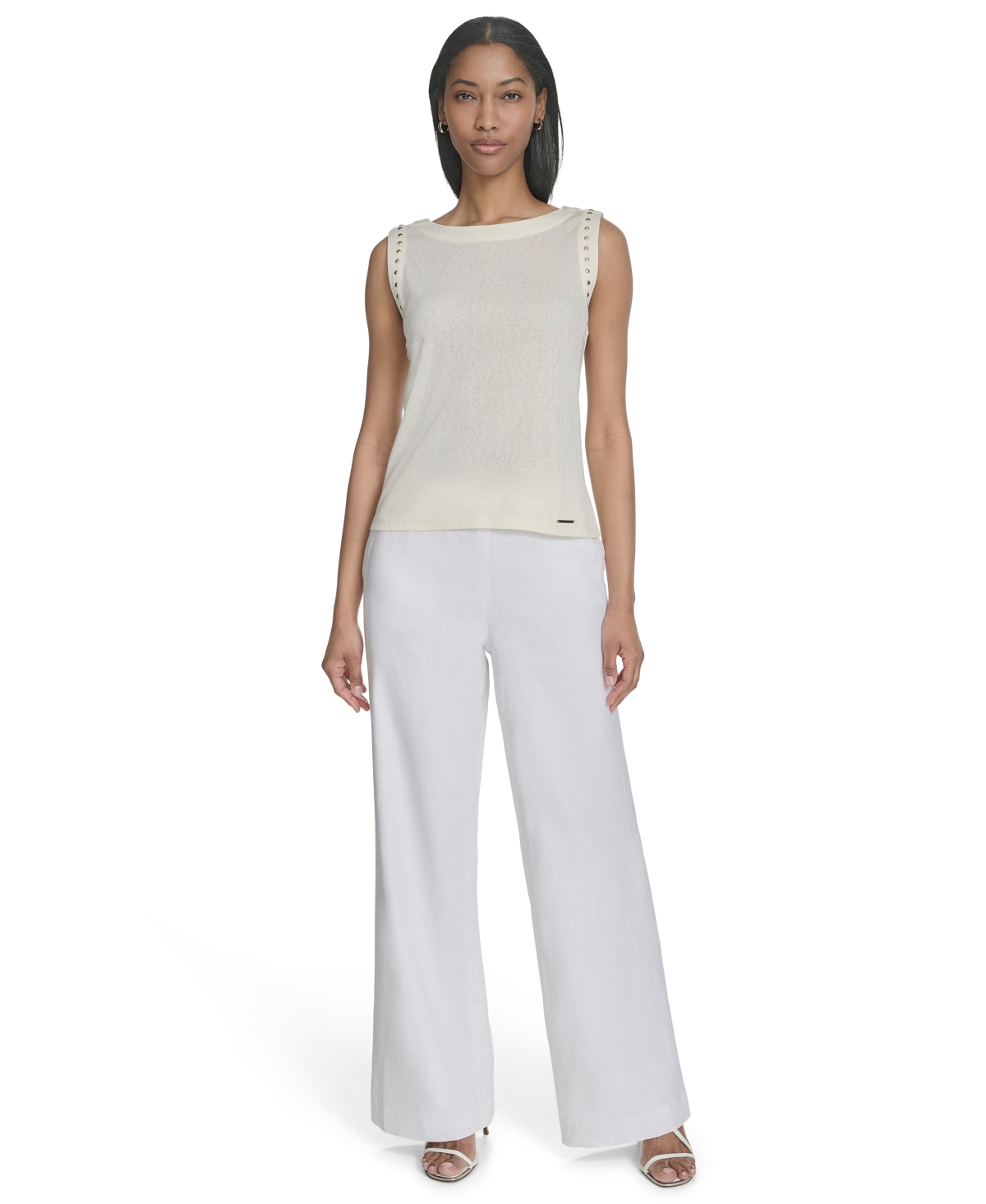 Shop Halston Women's Rhinestone-armhole Round-neck Top In Cream