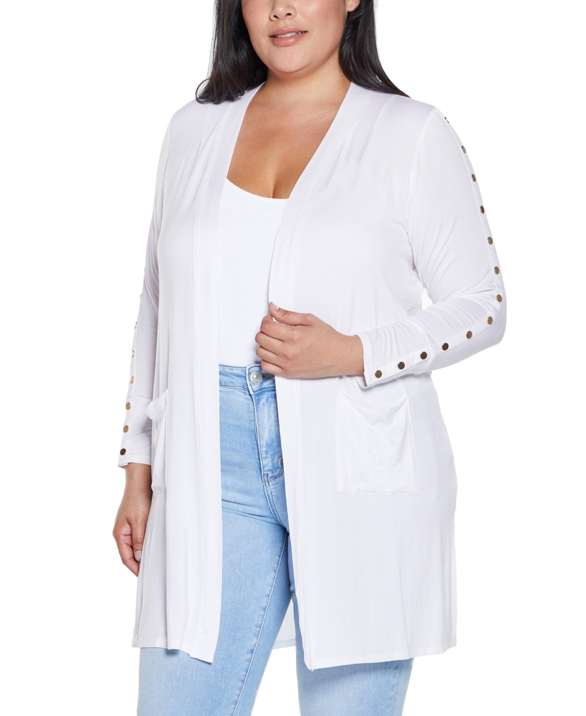 BELLDINI PLUS SIZE BLACK LABEL EMBELLISHED SLEEVE KNIT OPEN CARDIGAN SWEATER 