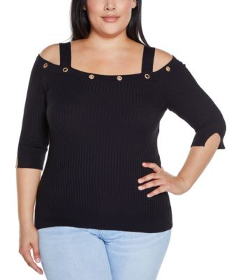 Plus Size Black Label  Rhinestone Grommet Cold-Shoulder Sweater