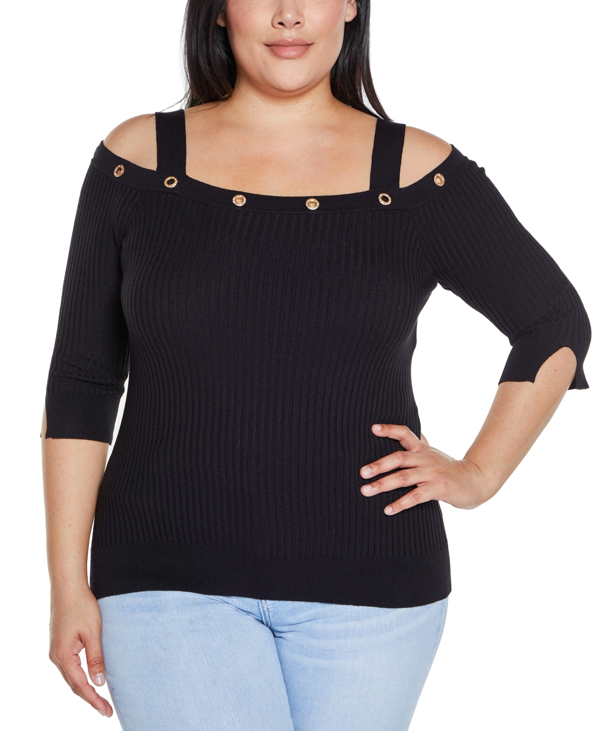 BELLDINI PLUS SIZE BLACK LABEL RHINESTONE GROMMET COLD-SHOULDER SWEATER 