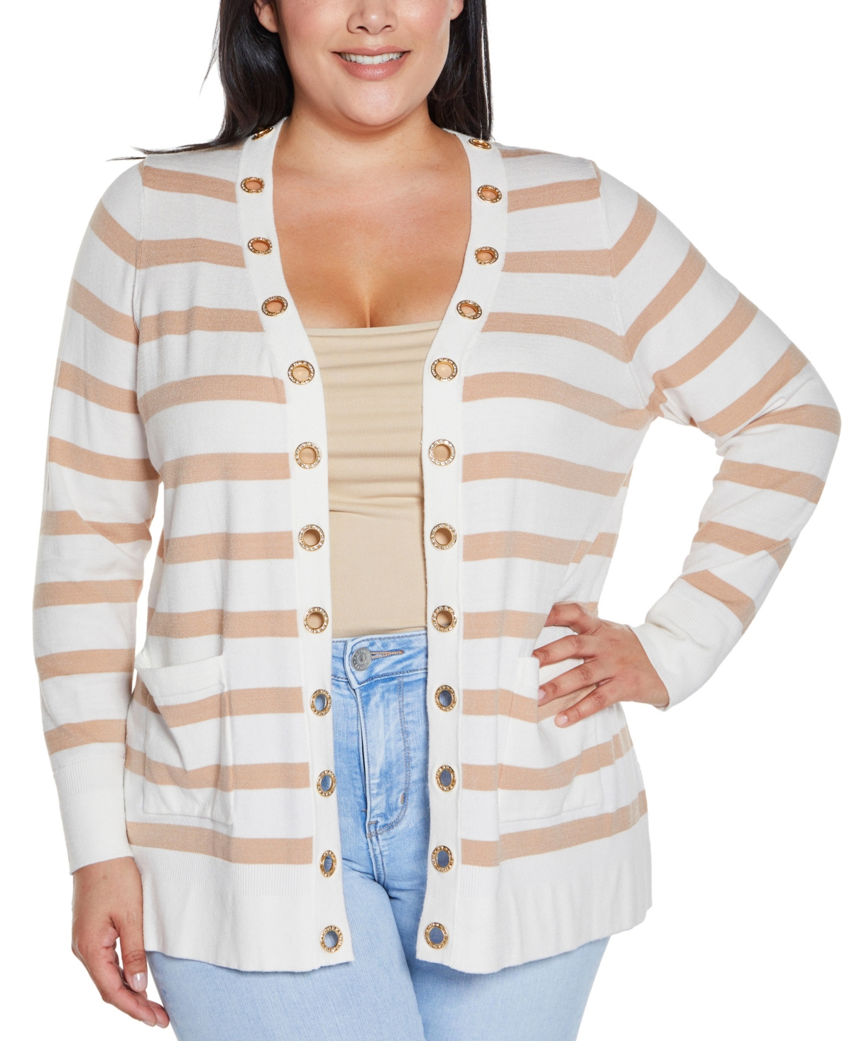 BELLDINI PLUS SIZE BLACK LABEL RHINESTONE GROMMET STRIPED OPEN-FRONT CARDIGAN SWEATER 