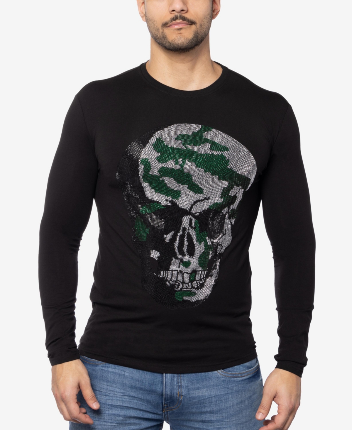 Men's Camo Skull Rhinestone Graphic Long Sleeves T-Shirts - Black