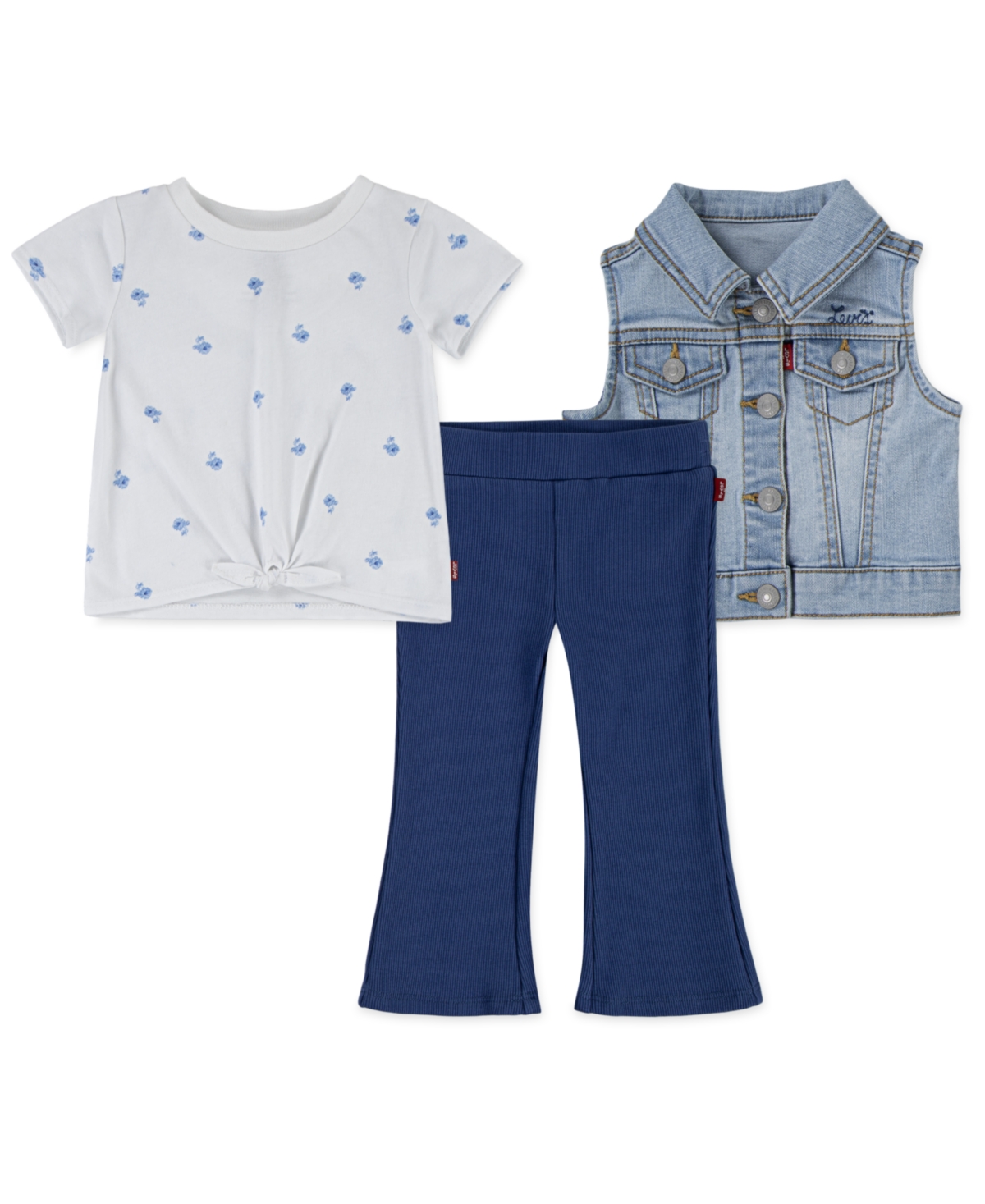 Shop Levi's Toddler Girls 3-piece Short Sleeve T-shirt Vest And Flared Leggings Set In True Navy