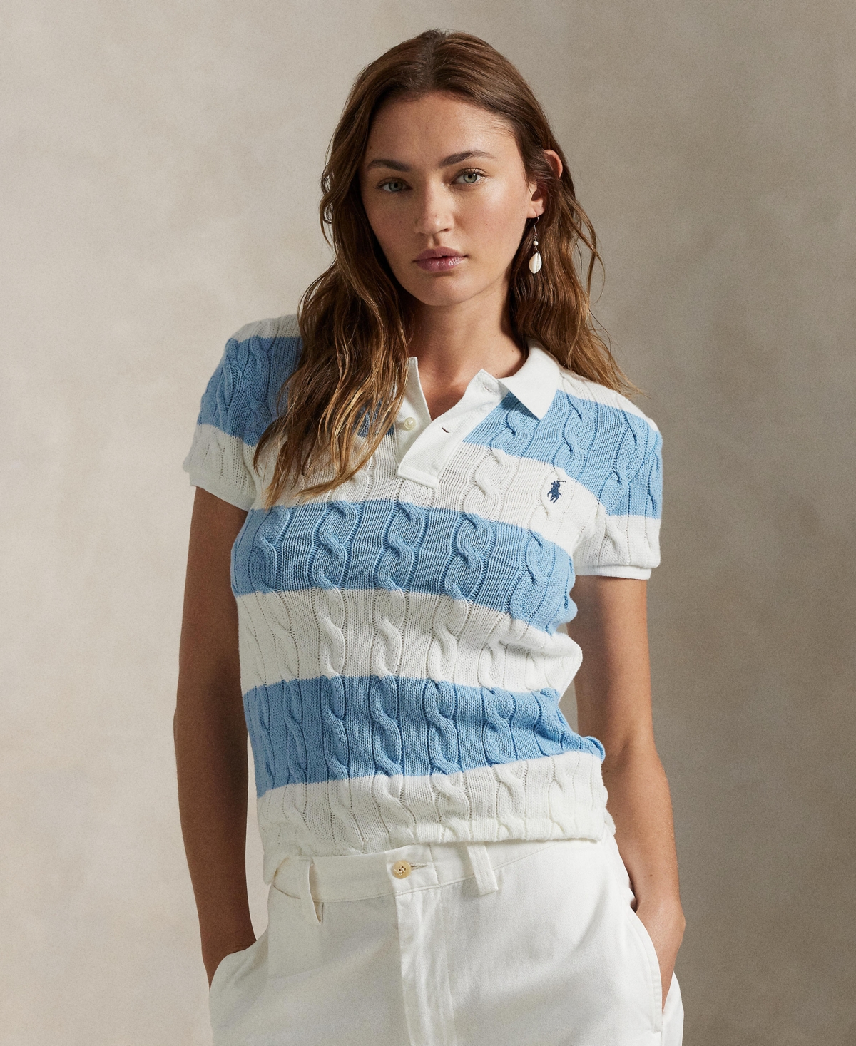 Polo Ralph Lauren Women's Slim-fit Cable-knit Polo Shirt In White,carolina Blue