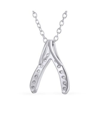 Pave CZ Good Luck Wishbone Pendant Necklace in Sterling Silver