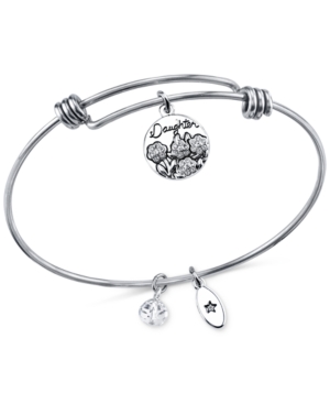 Unwritten Daughters Charm and Crystal Bangle Bracelet in Silver-Plated Stainless Steel